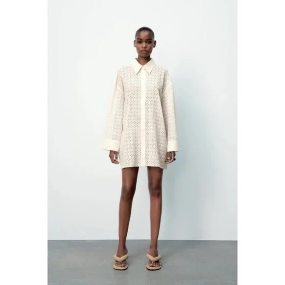 Zara Oversized Cotton Shirt with Openwork Eyelet Embroidery – Size L - Picture 2 of 14
